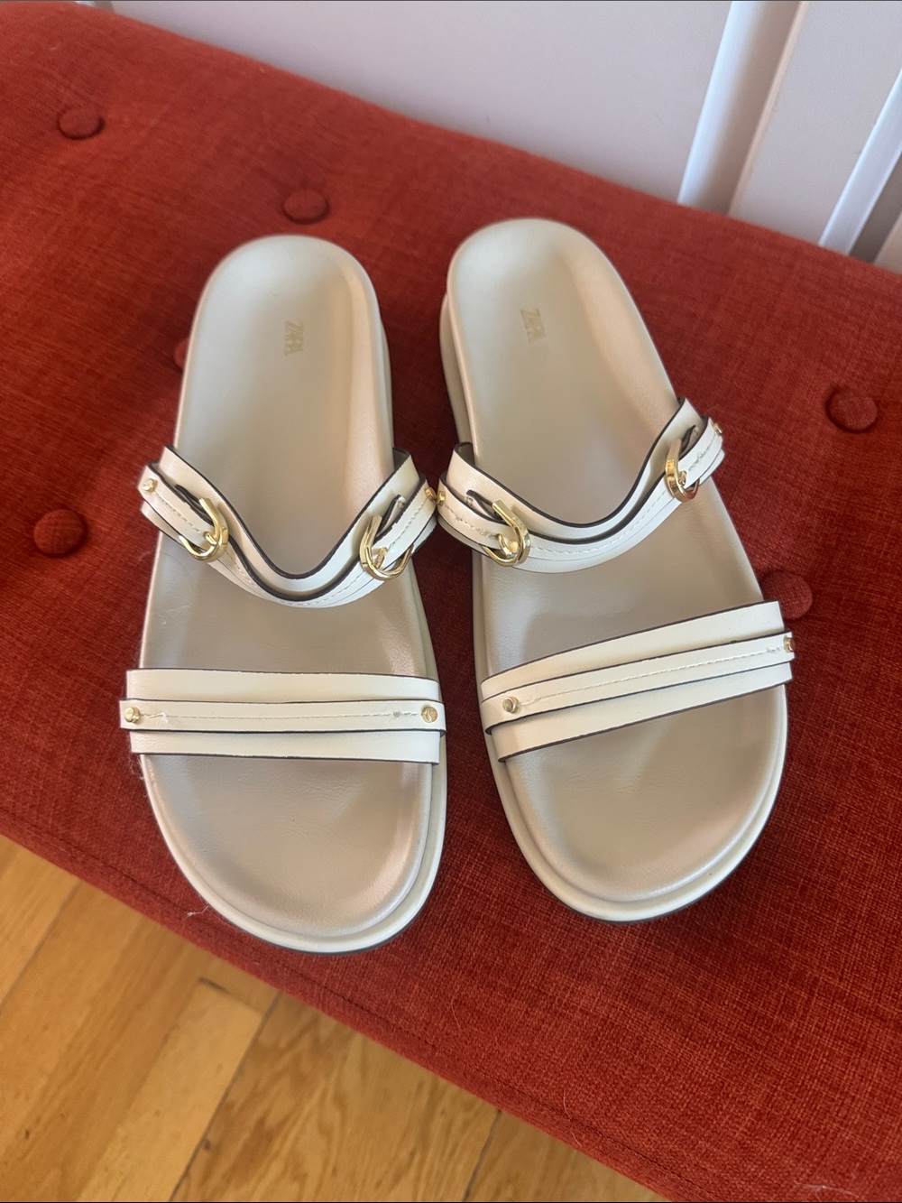 Zara Ivory Slide Sandals with Gold Buckles - Women